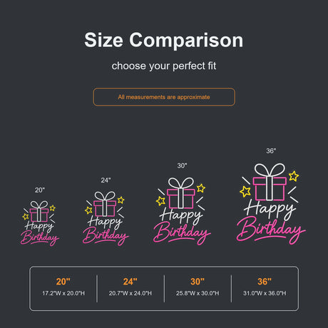 Gift Happy Birthday neon sign size comparison from 20 to 36 inches