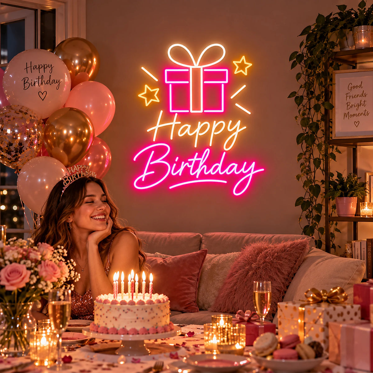 Pink Happy Birthday gift neon sign at a party