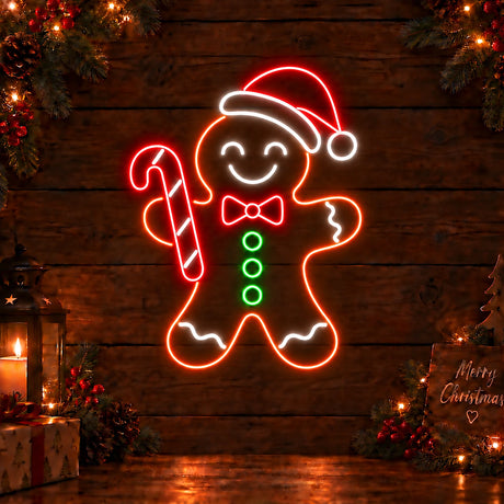 Gingerbread man neon sign with candy cane