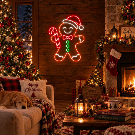 Gingerbread man neon sign in a Christmas living room