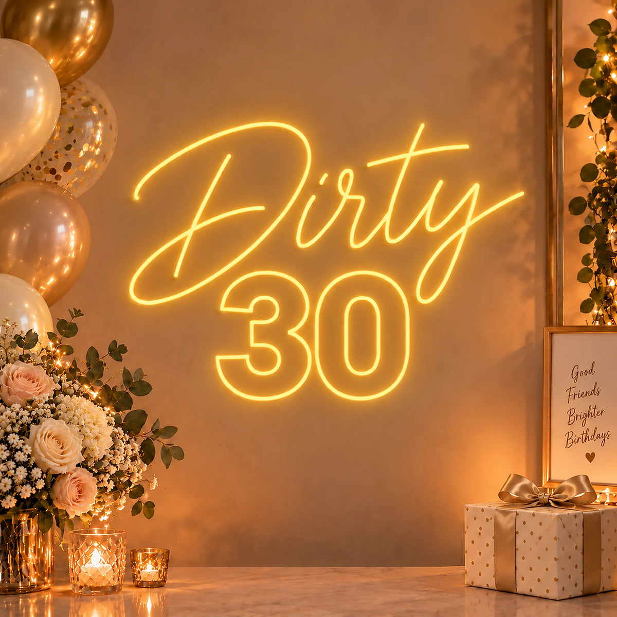 Gold Dirty 30 neon sign on a birthday party wall