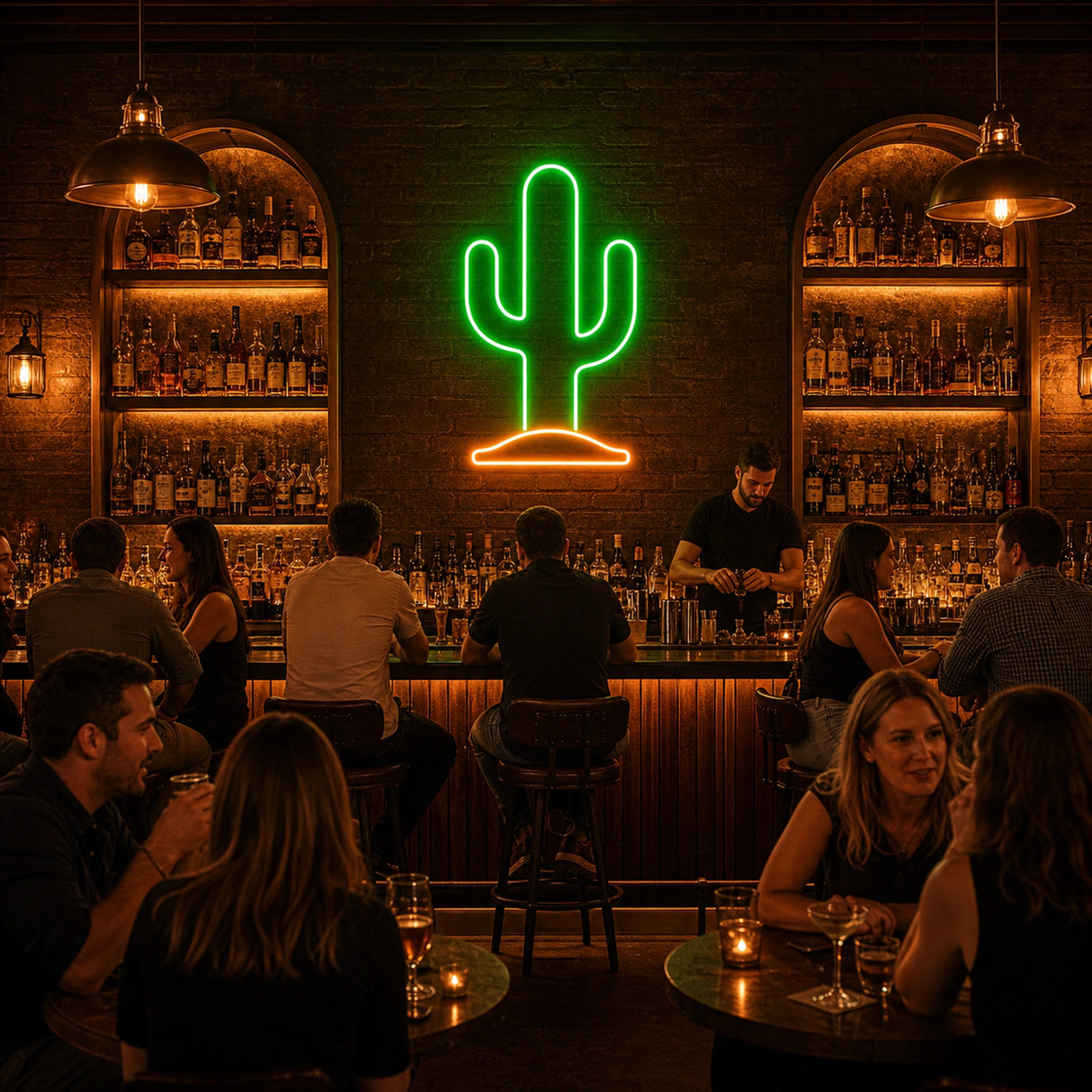 Desert Cactus LED Neon Sign displayed in a cantina bar setting