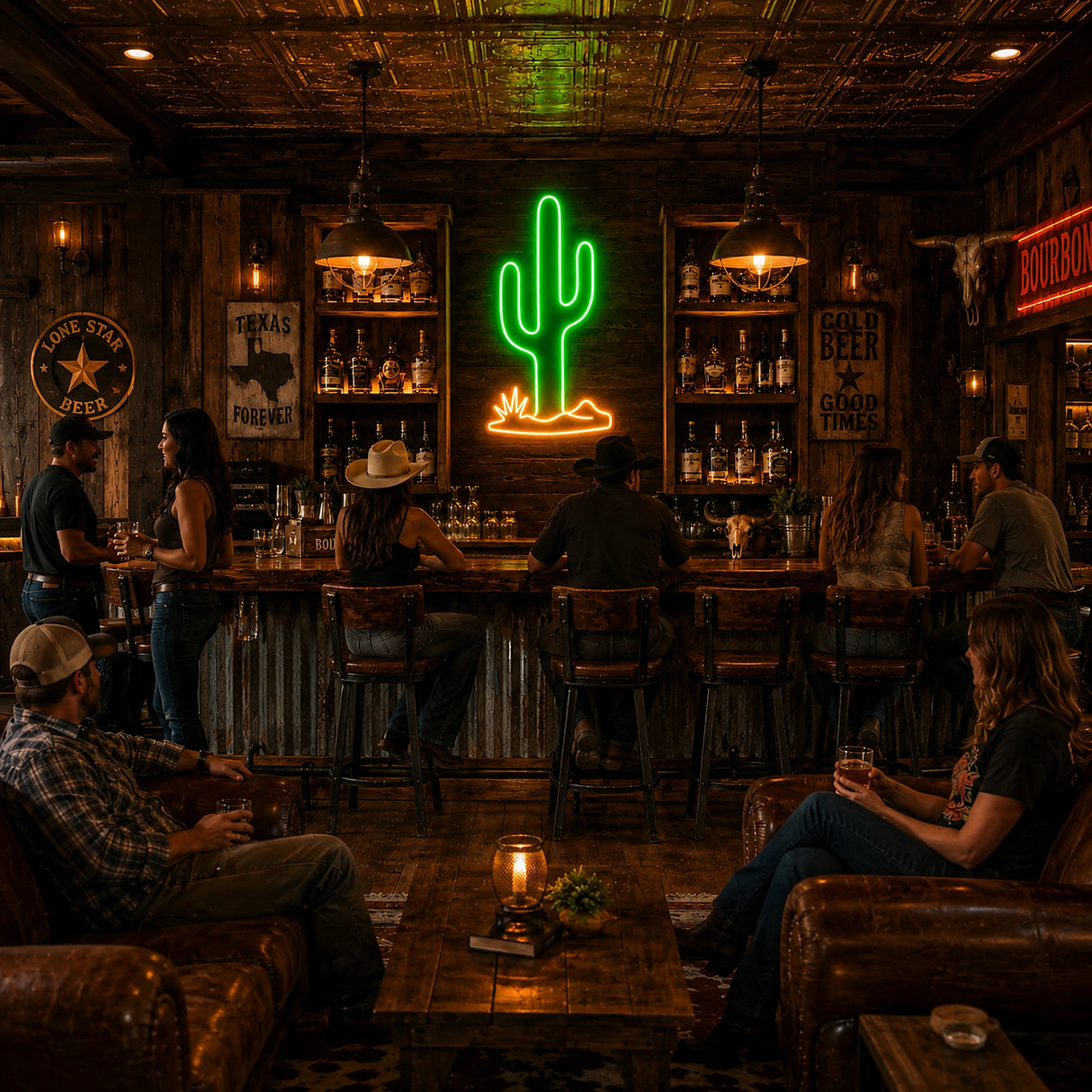 Green Cactus LED Neon Sign displayed in a cantina bar setting