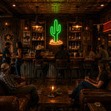 Green Cactus LED Neon Sign displayed in a cantina bar setting