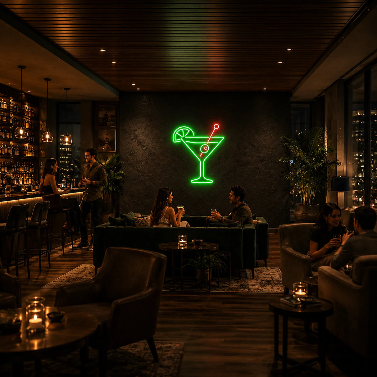 Cocktail Glass with Olive LED Neon Sign displayed in a cocktail bar setting