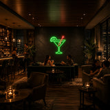 Cocktail Glass with Olive LED Neon Sign displayed in a cocktail bar setting