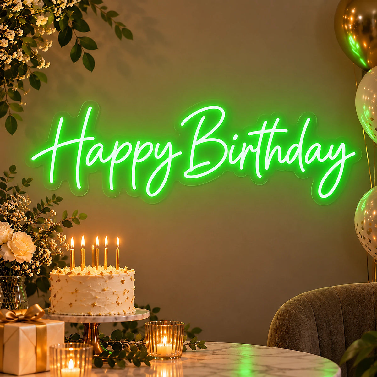 Green Happy Birthday neon sign at a cake party