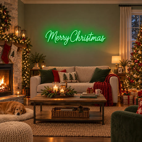 Green Merry Christmas neon sign in a living room