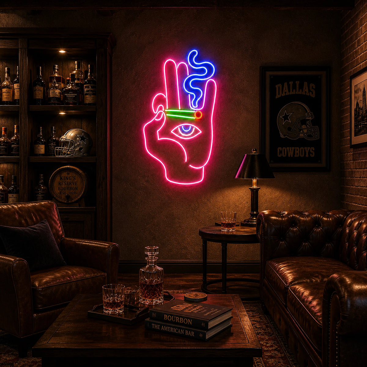 Smoking Hand Eye Man Cave Neon Sign lighting up a music room wall on plain plaster at night