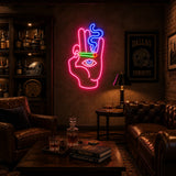 Smoking Hand Eye Man Cave Neon Sign lighting up a music room wall on plain plaster at night