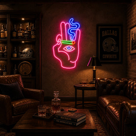 Smoking Hand Eye Man Cave Neon Sign lighting up a music room wall on plain plaster at night