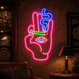 Smoking Hand Eye Man Cave Neon Sign glowing on a music room wall on plain plaster