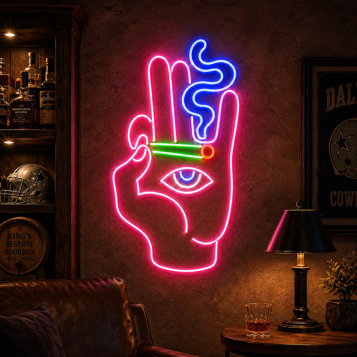Smoking Hand Eye Man Cave Neon Sign glowing on a music room wall on plain plaster