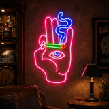 Smoking Hand Eye Man Cave Neon Sign glowing on a music room wall on plain plaster