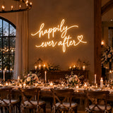Happily Ever After neon sign above a wedding reception dining table