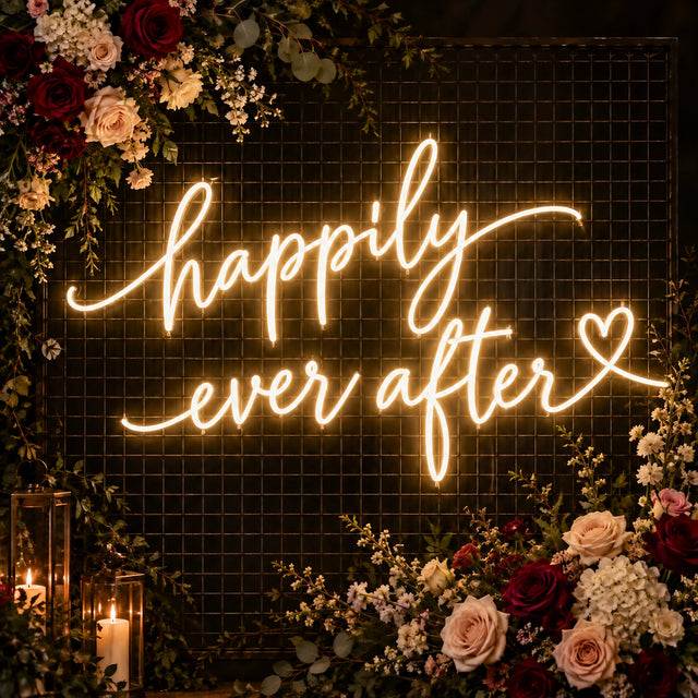 Happily Ever After neon sign on a floral grid wedding backdrop