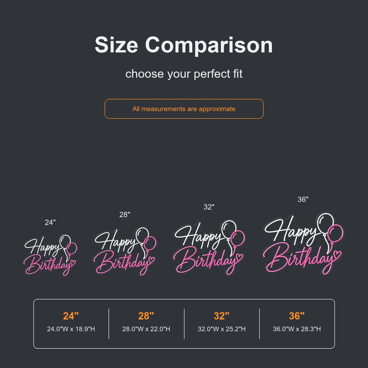 Happy Birthday balloon neon sign size comparison from 24 to 36 inches