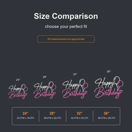 Happy Birthday balloon neon sign size comparison from 24 to 36 inches