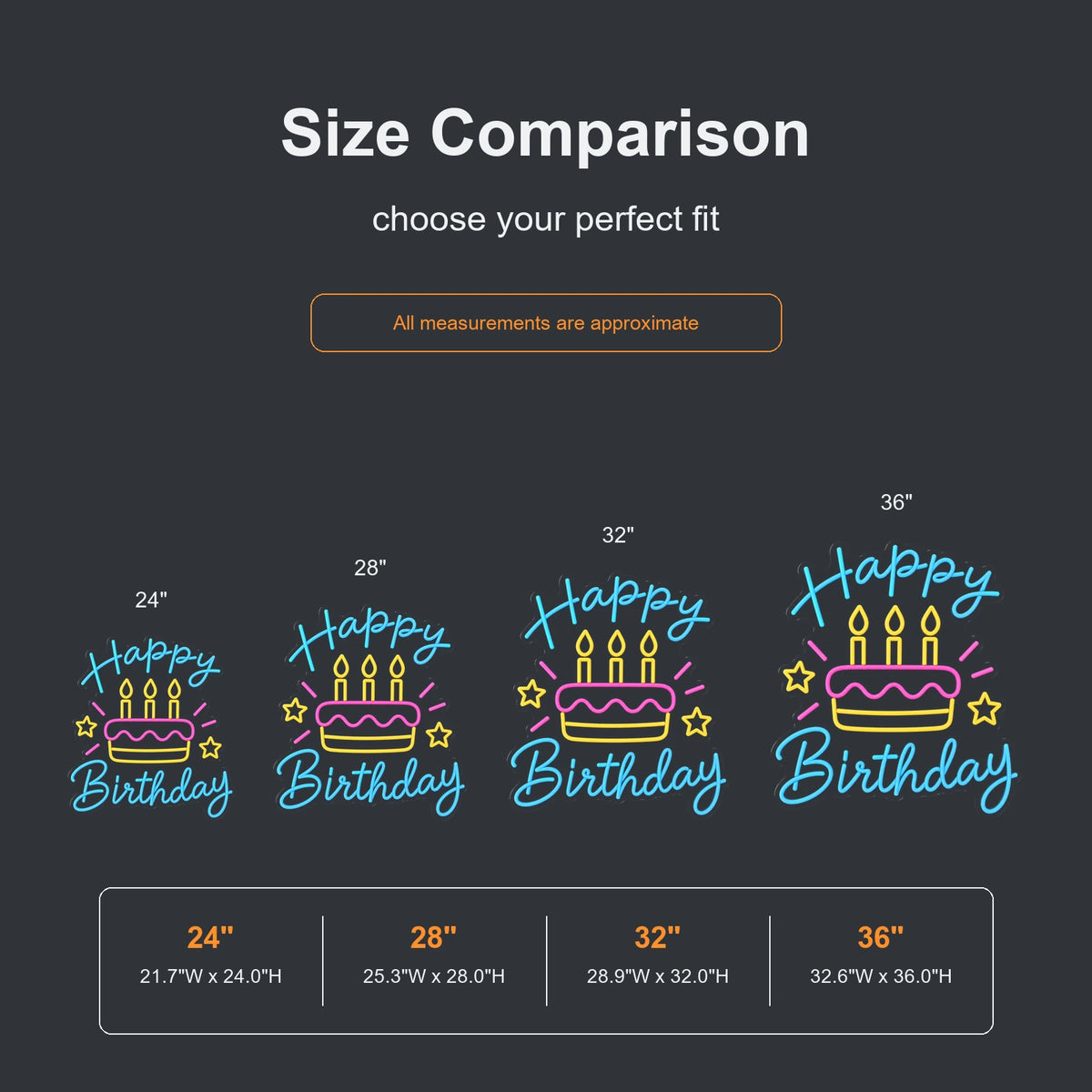 Colorful Happy Birthday cake neon sign size comparison from 24 to 36 inches