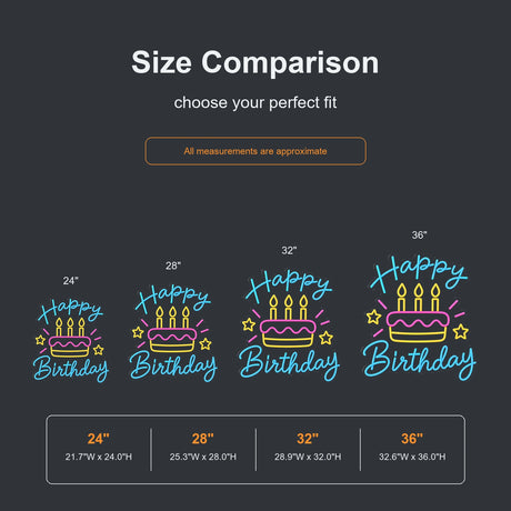 Colorful Happy Birthday cake neon sign size comparison from 24 to 36 inches