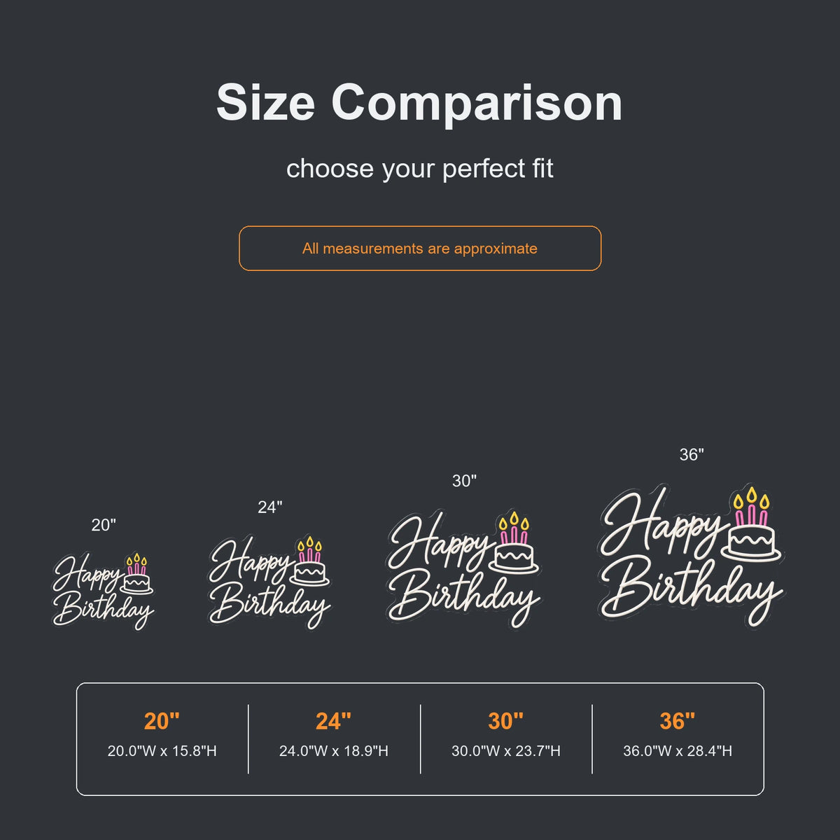 Birthday cake neon sign size comparison from 20 to 36 inches