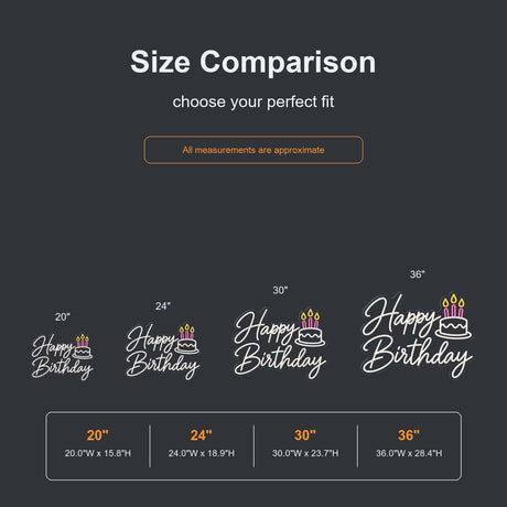 Birthday cake neon sign size comparison from 20 to 36 inches