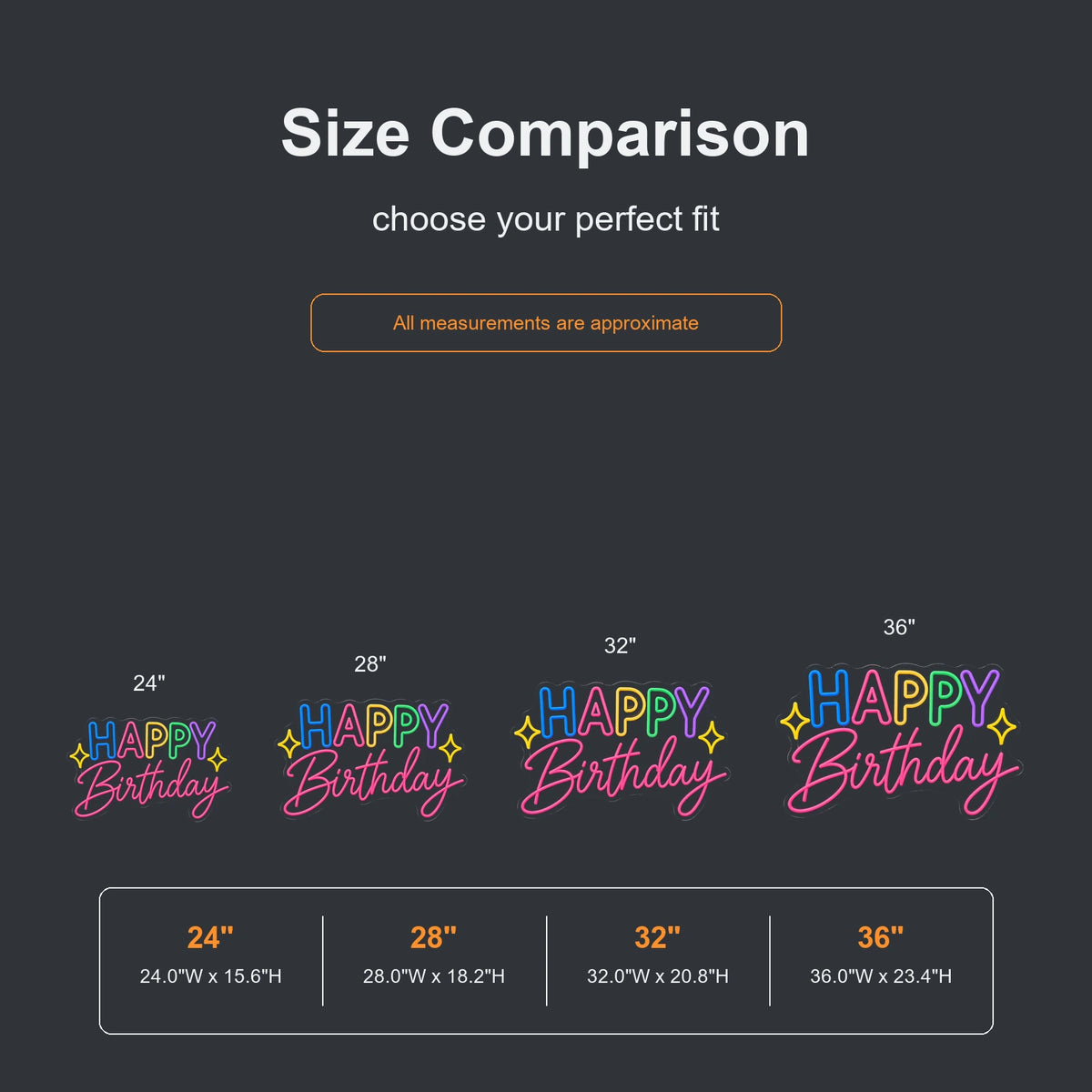 Colorful Happy Birthday neon sign size comparison from 24 to 36 inches