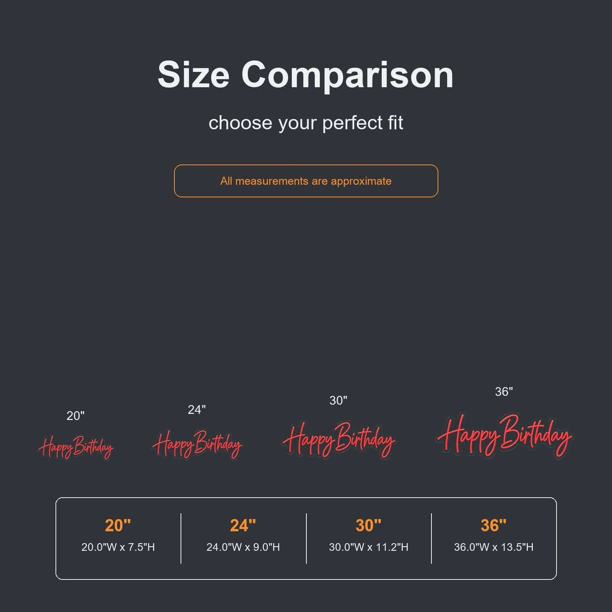 Long Happy Birthday neon sign size comparison from 20 to 36 inches