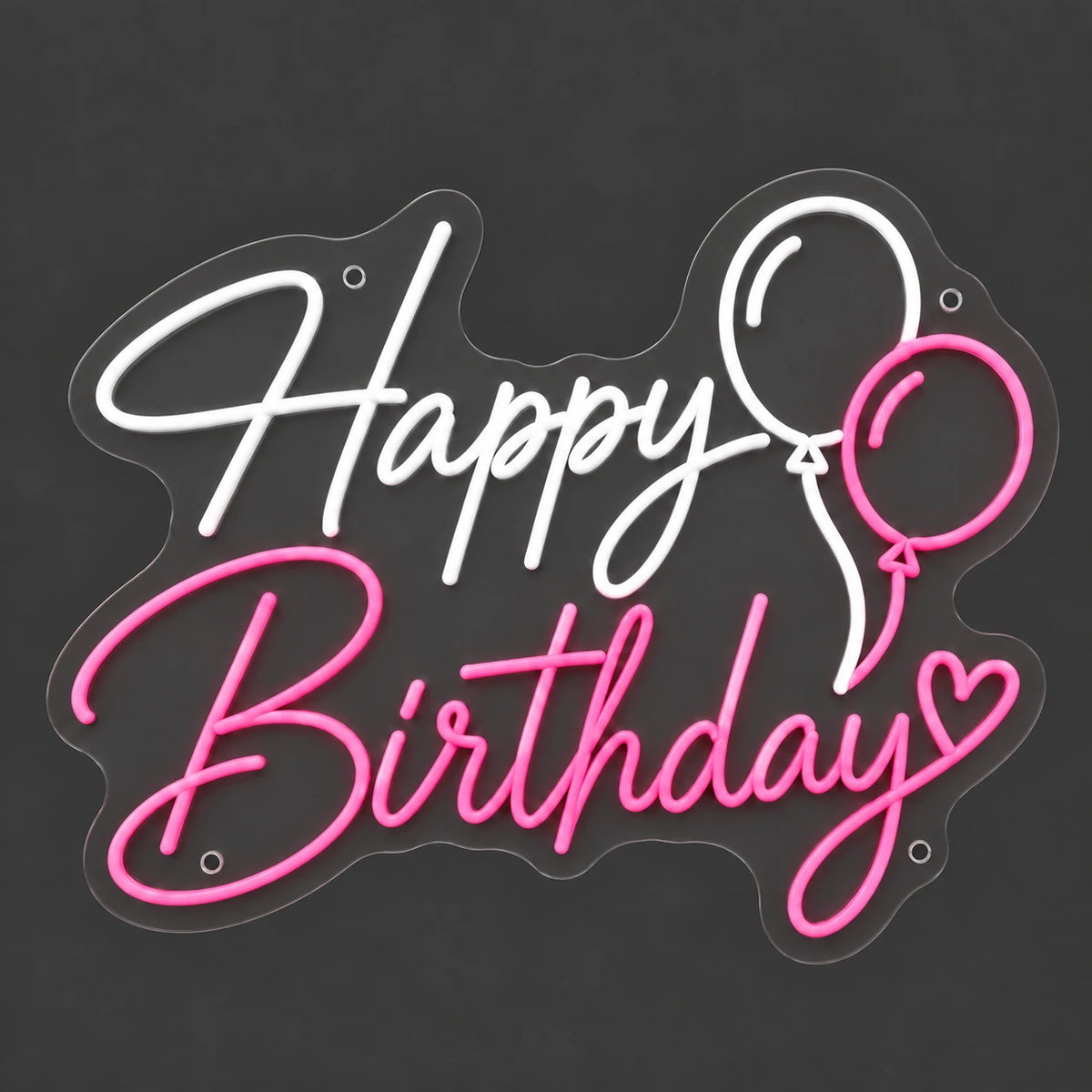 Pink and white Happy Birthday balloon neon sign lit on a dark gray background
