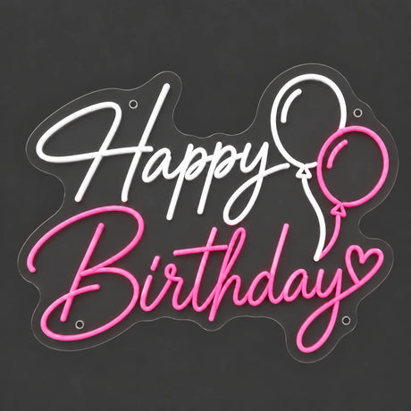Pink and white Happy Birthday balloon neon sign lit on a dark gray background