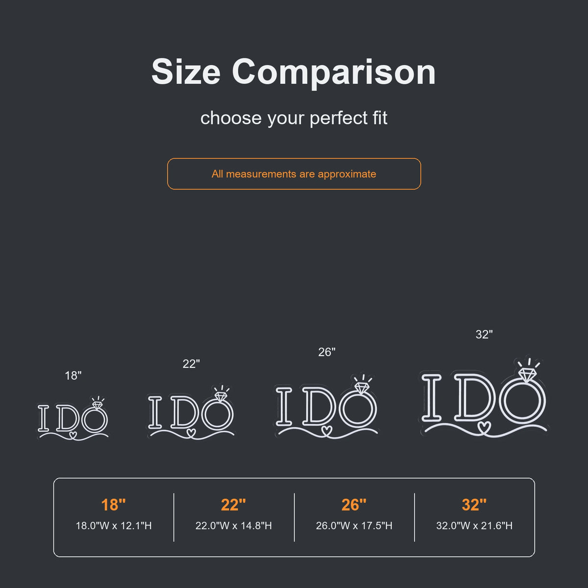 I Do ring neon sign size comparison from 18 to 32 inches