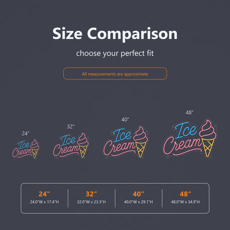 ice cream neon sign size comparison