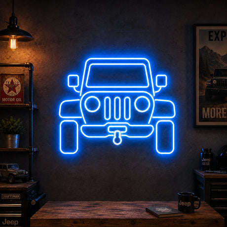 Off-Road 4x4 Man Cave Neon Sign glowing on a workshop wall facing the garage door