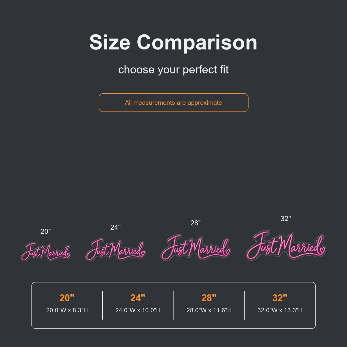 Just Married neon sign size comparison from 20 to 32 inches