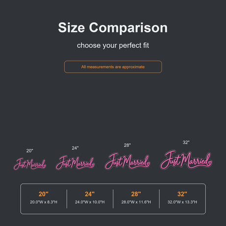 Just Married neon sign size comparison from 20 to 32 inches