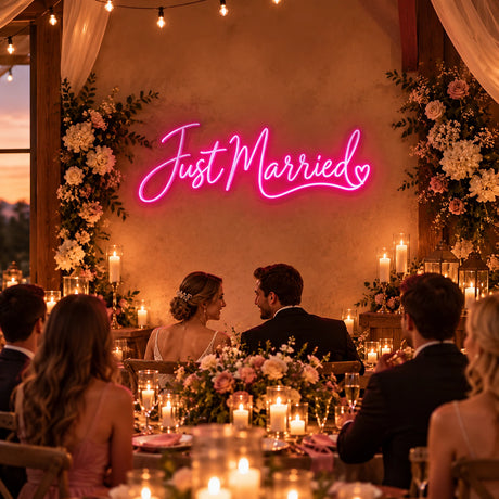 Pink Just Married neon sign at a wedding reception party