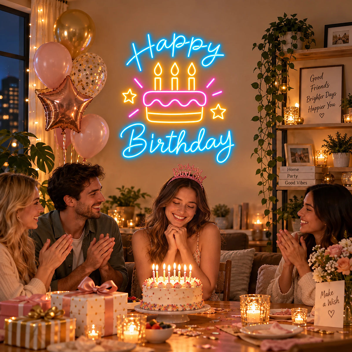 Colorful Happy Birthday cake neon sign at a kids' party