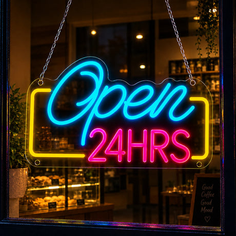 24 hours open sign in retro script glowing in a diner window