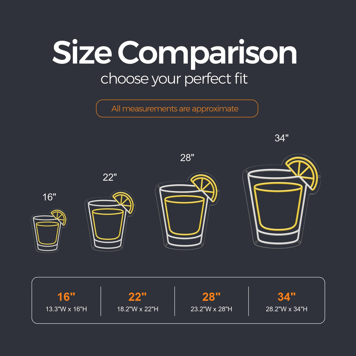 Whiskey Shot Glass LED Neon Sign size guide for whiskey neon sign