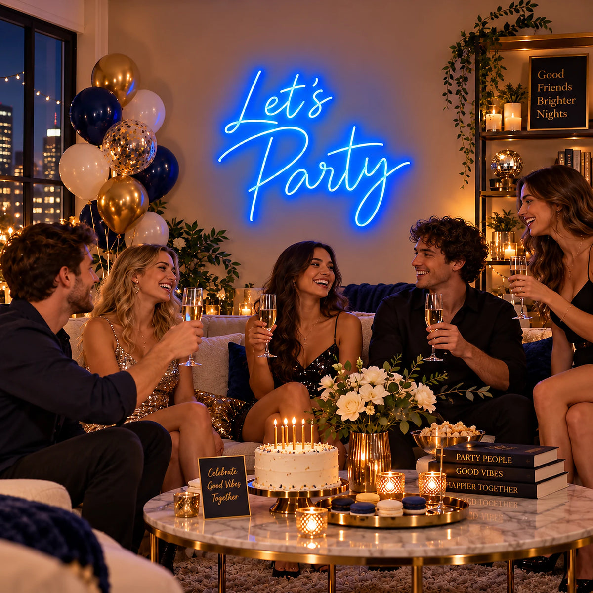 Blue Let’s Party neon sign at a celebration