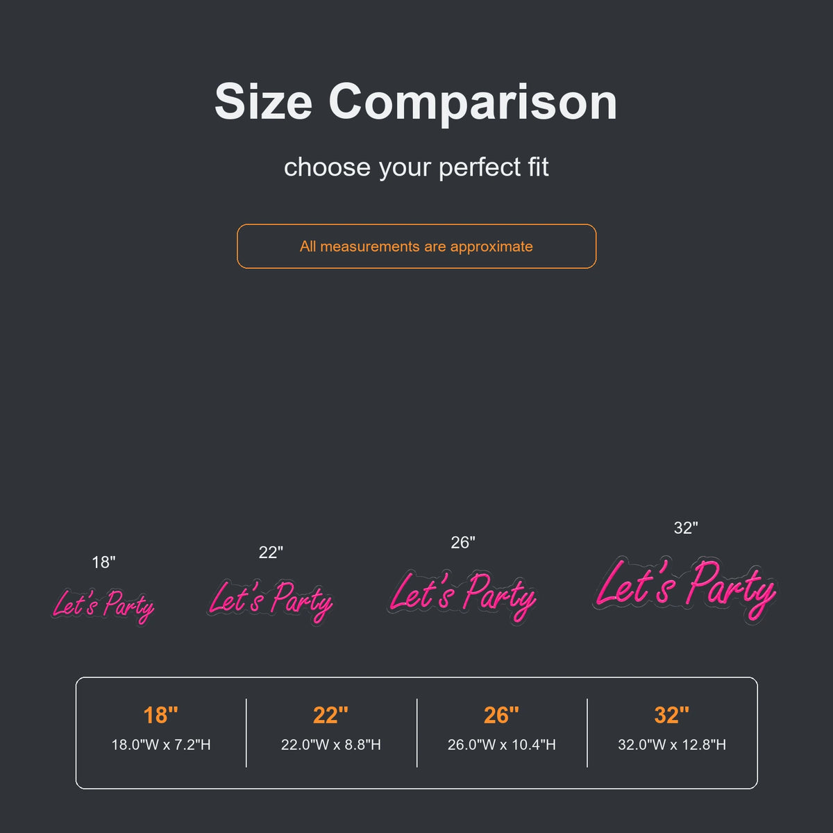 Let’s Party neon sign size comparison from 18 to 32 inches
