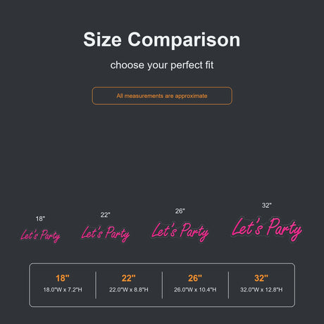 Let’s Party neon sign size comparison from 18 to 32 inches