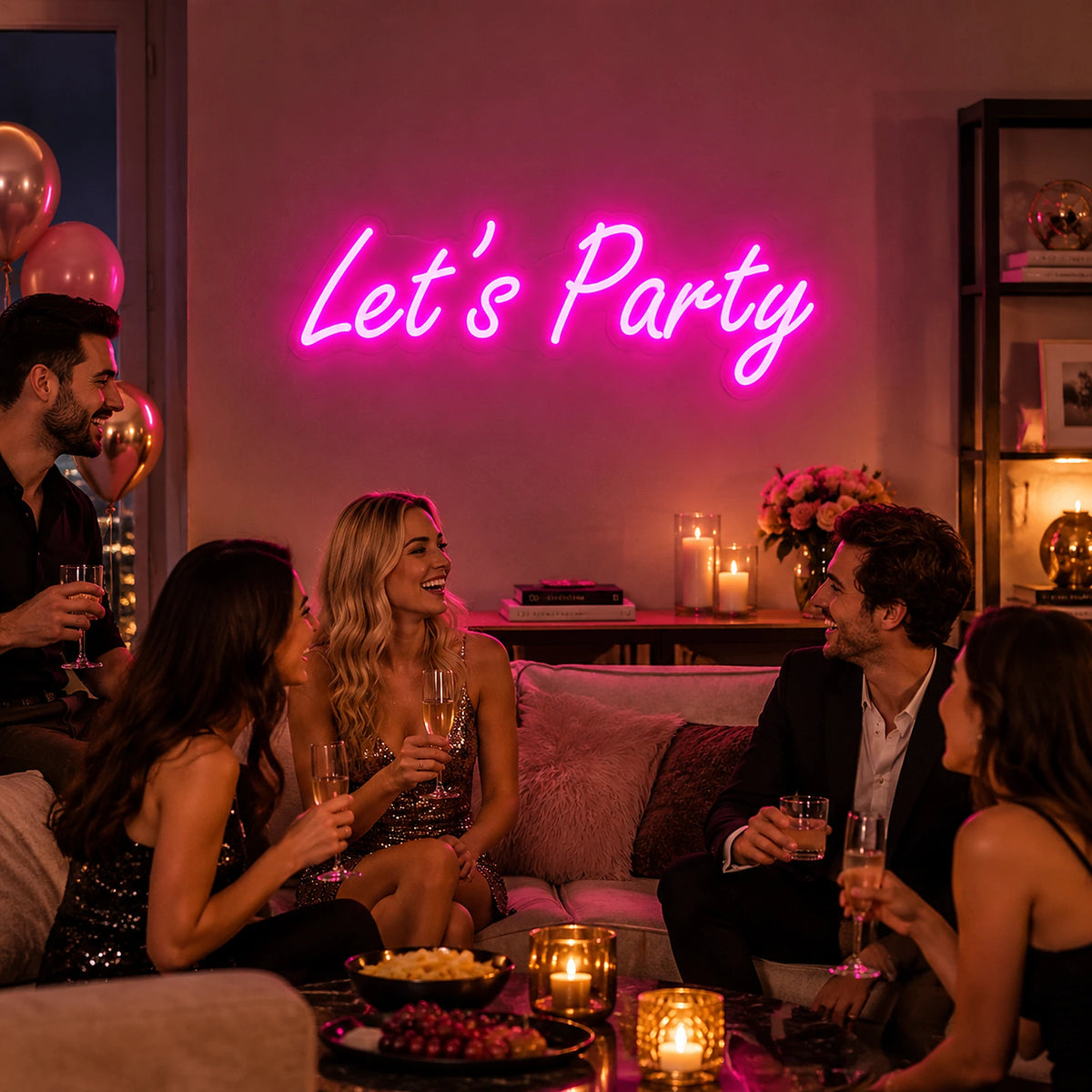 Pink Let’s Party neon sign glowing at a celebration party