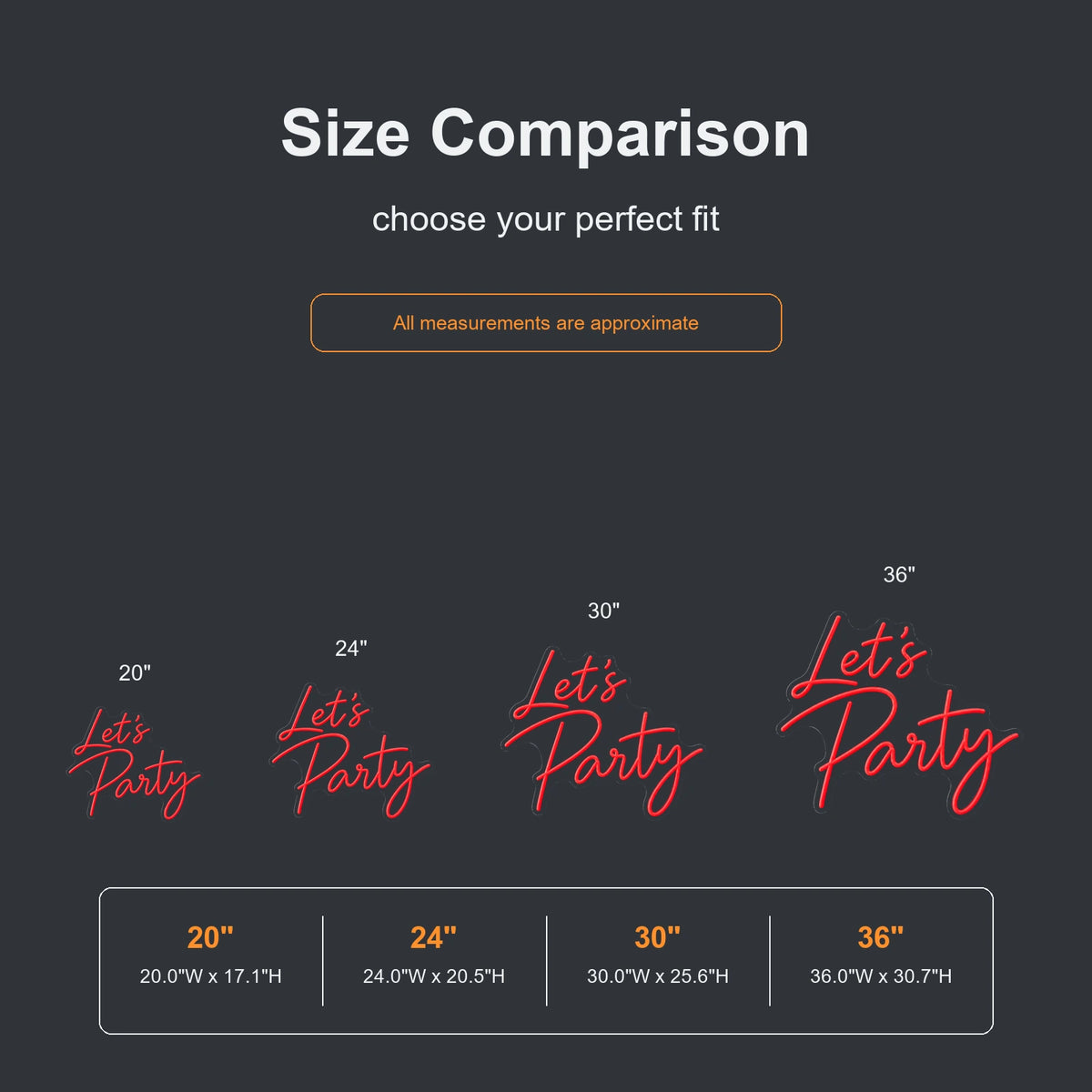 Two-line Let’s Party neon sign size comparison from 20 to 36 inches