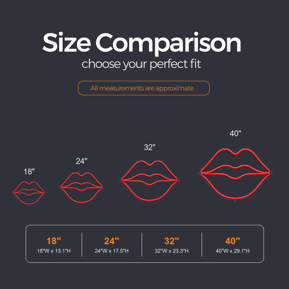 Red Lips LED Neon Sign size guide for neon signs for bar