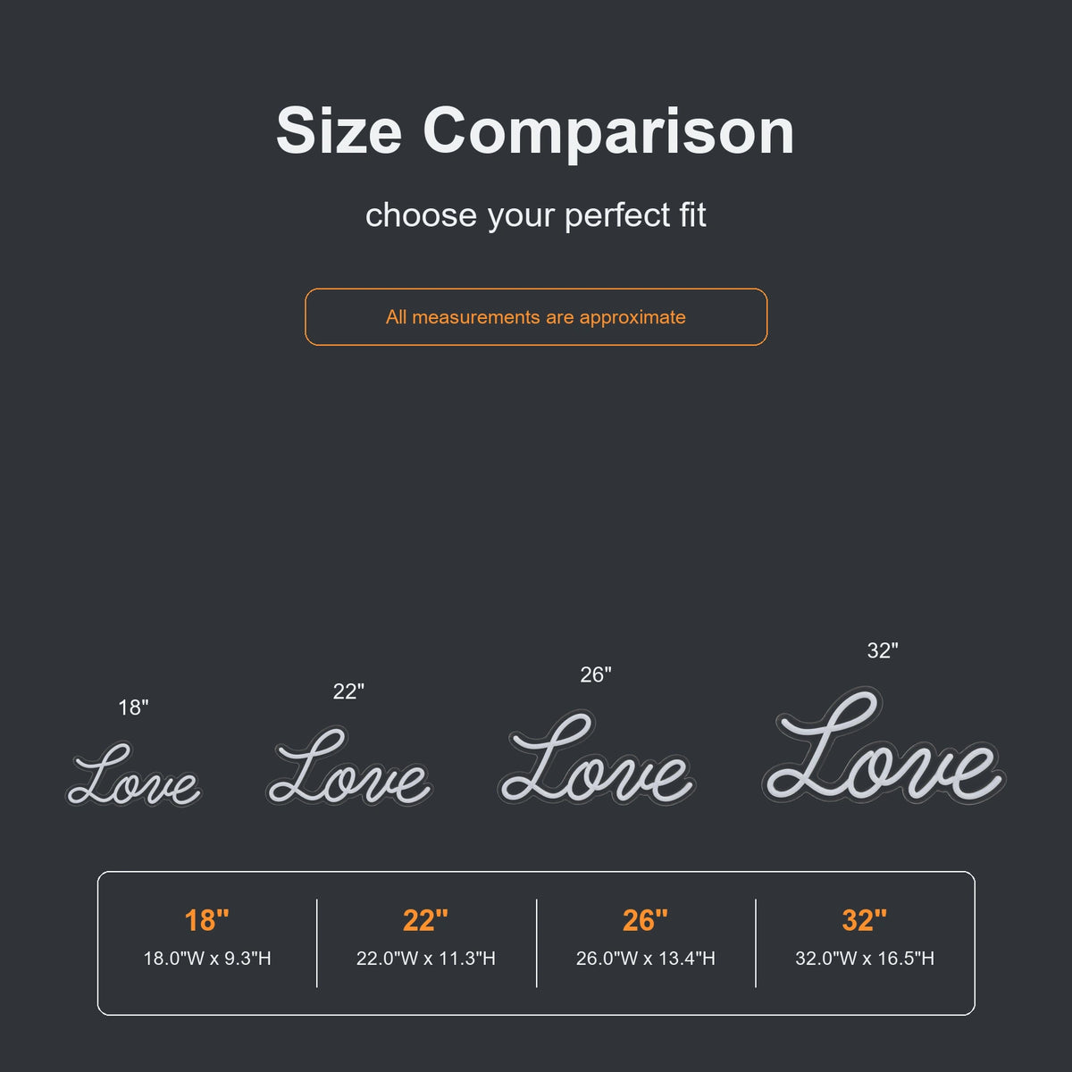 Cursive Love neon sign size comparison from 18 to 32 inches
