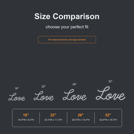 Cursive Love neon sign size comparison from 18 to 32 inches