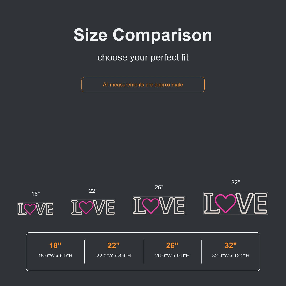 Love heart neon sign size comparison from 18 to 32 inches
