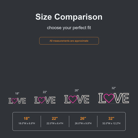 Love heart neon sign size comparison from 18 to 32 inches