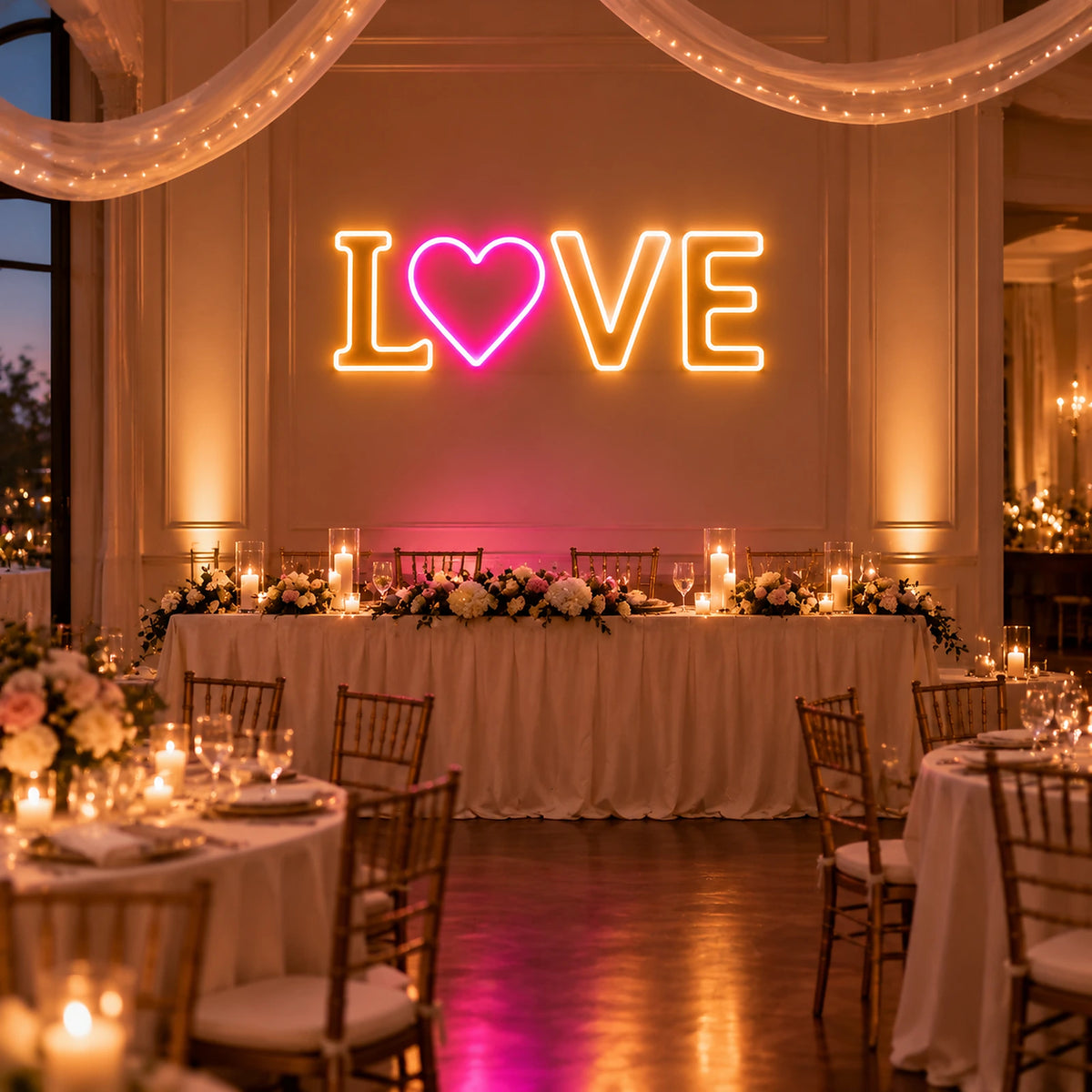 LOVE heart neon sign as wedding head table décor